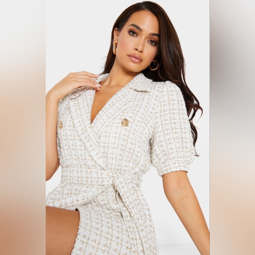 NWT White Glitter Boucle Puff Sleeve Blazer Dress